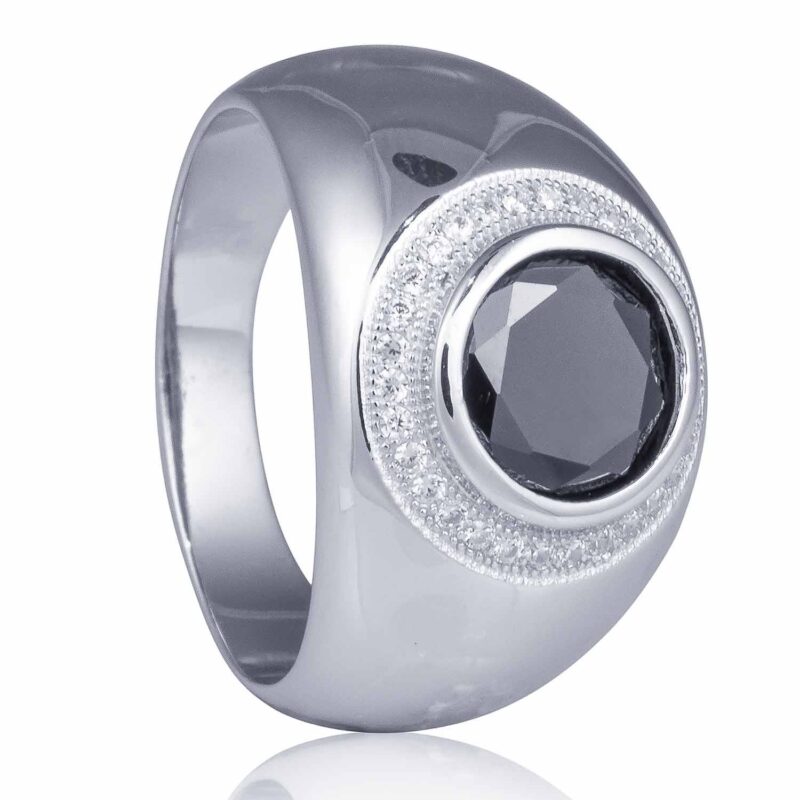 (MR088) Rhodium Plated Sterling Silver Round Black Stone Mens Ring