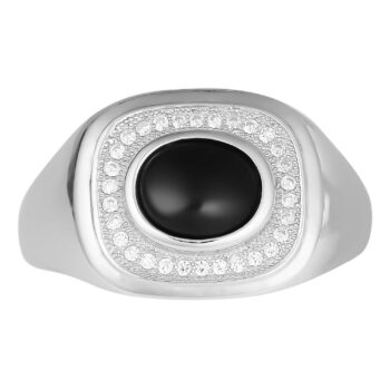 (MR093) Rhodium Plated Sterling Silver Square Oval Black Stone Mens Ring
