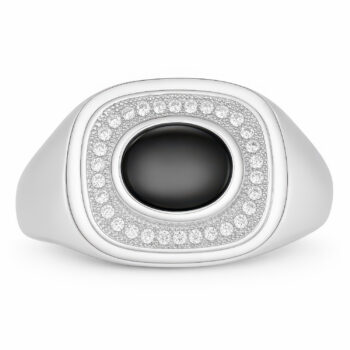 (MR093) Rhodium Plated Sterling Silver Square Oval Black Stone Mens Ring