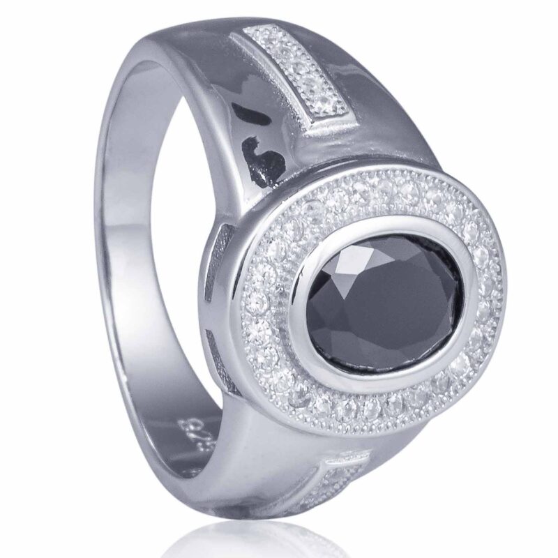 (MR094) Rhodium Plated Sterling Silver Oval Black Stone Mens Ring