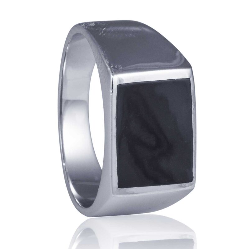 (MR095) Rhodium Plated Sterling SilverBlack Enamel Men's Ring