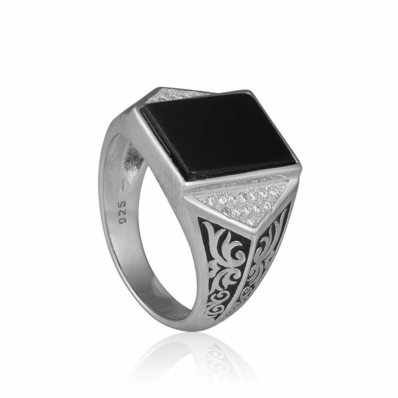(MR104) Rhodium Plated Sterling Silver Black Agate Men's Ring - TJD Silver