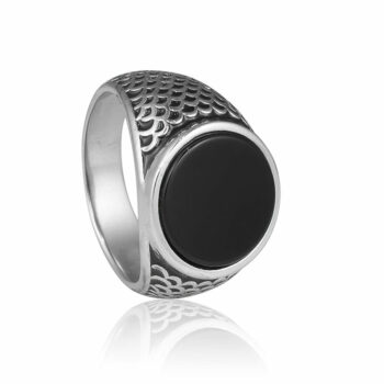 (MR106) Rhodium Plated Sterling Silver Black Agate CZ Men's Ring