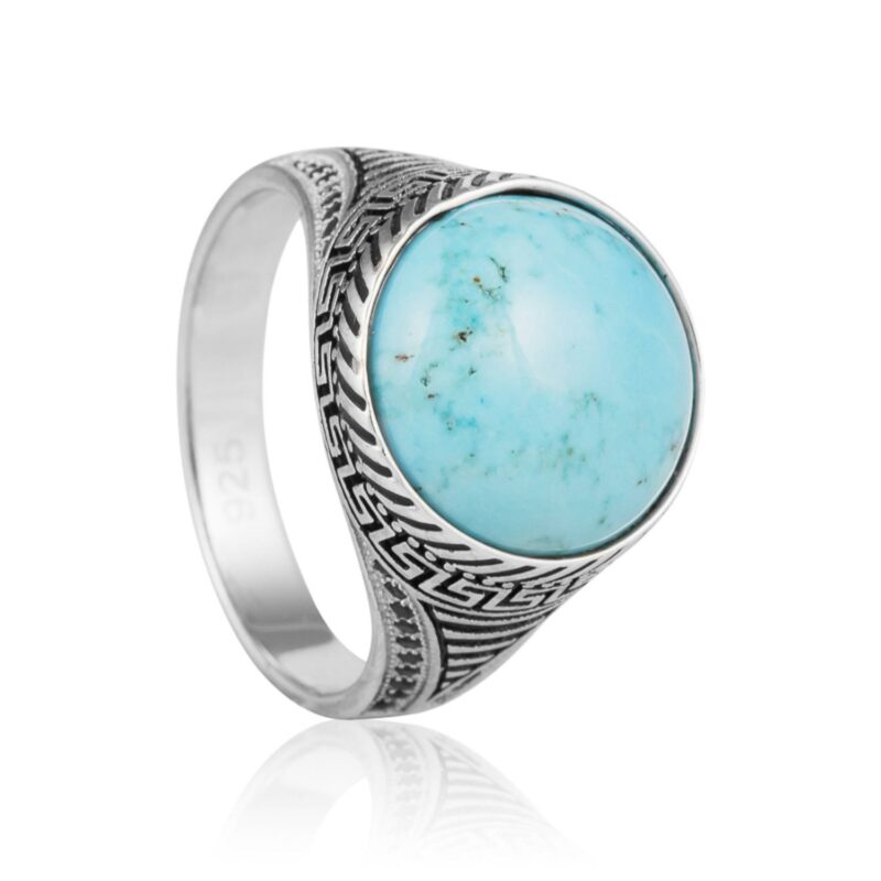 (MR118T) Rhodium Plated Sterling Silver Turquoise Men's Ring