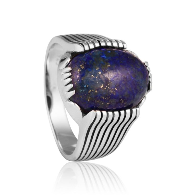 (MR125L) Rhodium Plated Sterling Silver Lapis Blue Men's Ring
