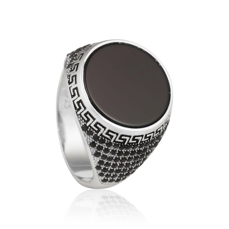 (Mr128b) Rhodium Plated Sterling Silver Black Agate Greek Key Men's Ring