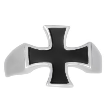 (MR190) Rhodium Plated Sterling Silver Men's Cross Ring With Black Enamel
