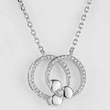 (NMS116) Rhodium Plated Sterling Silver Circle With Flower CZ Necklace