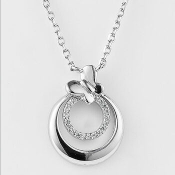 (NMS118) Rhodium Plated Sterling Silver Butterfly and Circle CZ Necklace