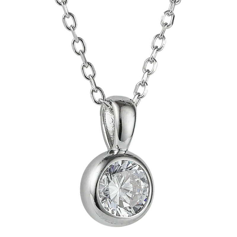 (NMS123) Rhodium Plated Sterling Silver CZ Round Bezel Set Necklace