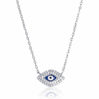 (NP136) Rhodium Plated Sterling Silver CZ Necklace With oval Dark Blue Enamel Evil Eye - 16x10mm
