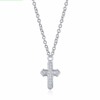 (NP173) Rhodium Plated Sterling Silver CZ Cross Necklace