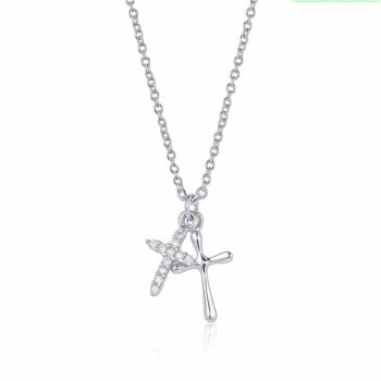 (NP177) Rhodium Plated Sterling Silver CZ Two Cross Necklace