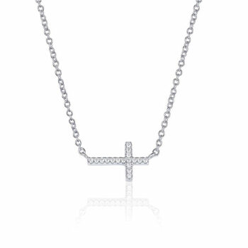 (NP178) Rhodium Plated Sterling Silver CZ Cross Necklace