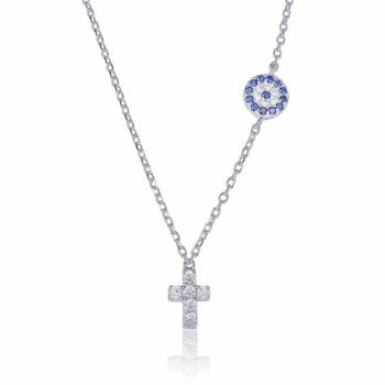 (NP179) Rhodium Plated Sterling Silver CZ Round Blue Evil Eye Cross Necklace - 42+3cm