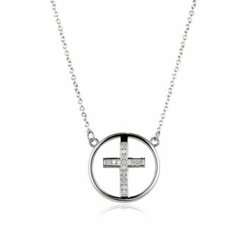 (NP183) Rhodium Plated Sterling Silver Cross CZ Necklace