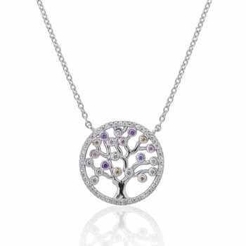 (NP190) Rhodium Plated Sterling Silver CZ Tree Of Life Necklace - 42+5cm