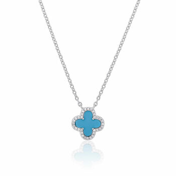 (NP193) Blue Rhodium Plated Sterling Silver Turquoise Blue CZ Necklace