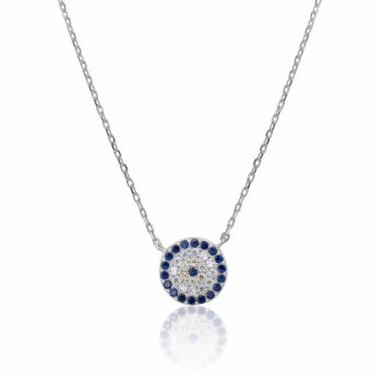 (NP194) Blue Rhodium Plated Sterling Silver CZ Evil Eye Necklace