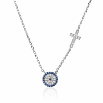 (NP196) Rhodium Plated Sterling Silver 10 mm Yellow Blue Evil Eye And Cross CZ Necklace - 42+3cm