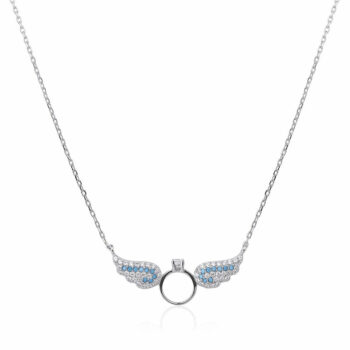 (NP206) Blue Rhodium Plated Sterling Silver CZ Wing Ring Necklace