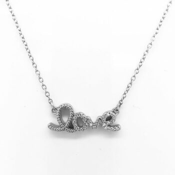 (NP220) Rhodium Plated Sterling Silver CZ Love Necklace