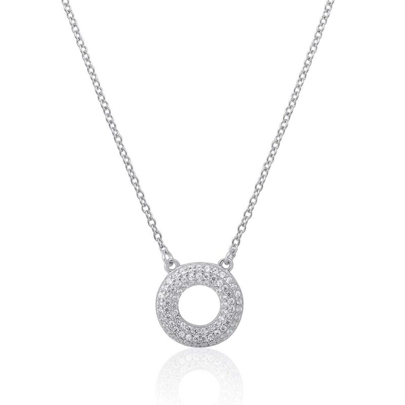 (NP225) Round Rhodium Plated Sterling Silver CZ Circle Necklace