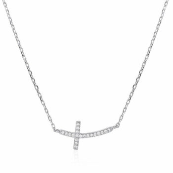 (NP237) Rhodium Plated Sterling Silver Horizontal Curved CZ Cross Necklace