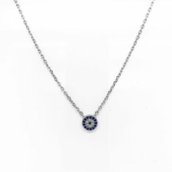 (NP242) Rhodium Plated Sterling Silver 6mm Round Blue Evil Eye CZ Necklace