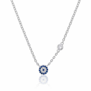 (NP243) Blue Rhodium Plated Sterling Silver CZ Evil Eye Necklace - 42+3cm
