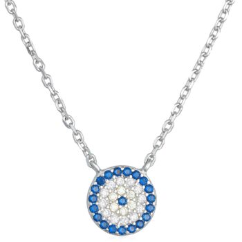 (NP244Y) Rhodium Plated Sterling Silver Blue And Yellow CZ Evil Eye Necklace - 42+3cm