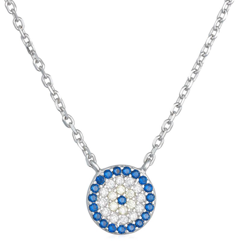 (NP244Y) Rhodium Plated Sterling Silver Blue And Yellow CZ Evil Eye Necklace - 42+3cm