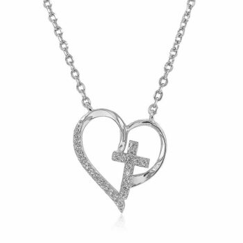 (NP247) Rhodium Plated Sterling Silver Heart and Cross CZ Necklace