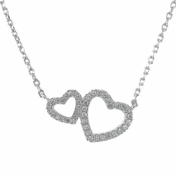 (NP252) Rhodium Plated Sterling Silver Double Heart CZ Necklace - 42+3cm