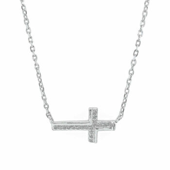 (NP257) Rhodium Plated Sterling Silver Cross CZ Necklace