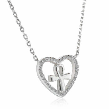(NP259) Rhodium Plated Sterling Silver Cross Heart CZ Necklace