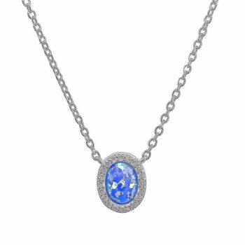 (NP270B) Rhodium Plated Sterling Silver Blue Oval Created Opal And CZ Necklace - 10X11mm