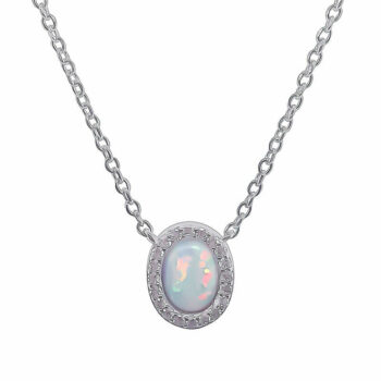 (NP270W) Rhodium Plated Sterling Silver White Oval Created Opal And CZ Necklace - 10X11mm