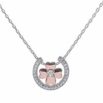 (NP274) Rhodium Plated Sterling Silver Two Tone Rose Plated 4 Leaf Clover CZ Necklace