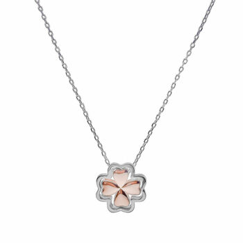(NP275) Rhodium Plated Sterling Silver Two Tone Rose Plated 4 Leaf Clover Necklace