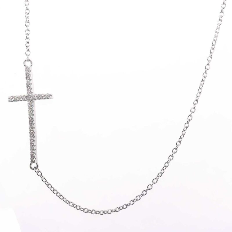 (NP278) Rhodium Plated Sterling Silver Cross CZ Necklace