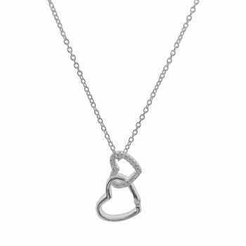 (NP279) Rhodium Plated Sterling Silver Double Heart CZ Necklace