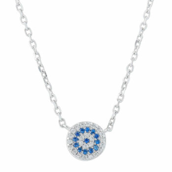 (NP302) Rhodium Plated Sterling Silver 8mm Round Evil Eye CZ Necklace - 42+3cm