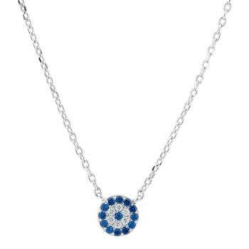 (NP305) Rhodium Plated Sterling Silver 7.5mm Round Blue Evil Eye CZ Necklace - 42+3cm