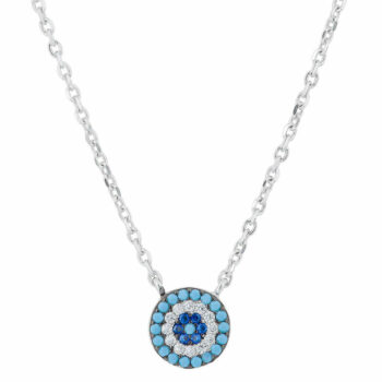 (NP306) Rhodium Plated Sterling Silver 9mm Round Evil Eye Turquoise CZ Necklace