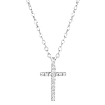 (NP307) Rhodium Plated Sterling Silver Cross CZ Necklace