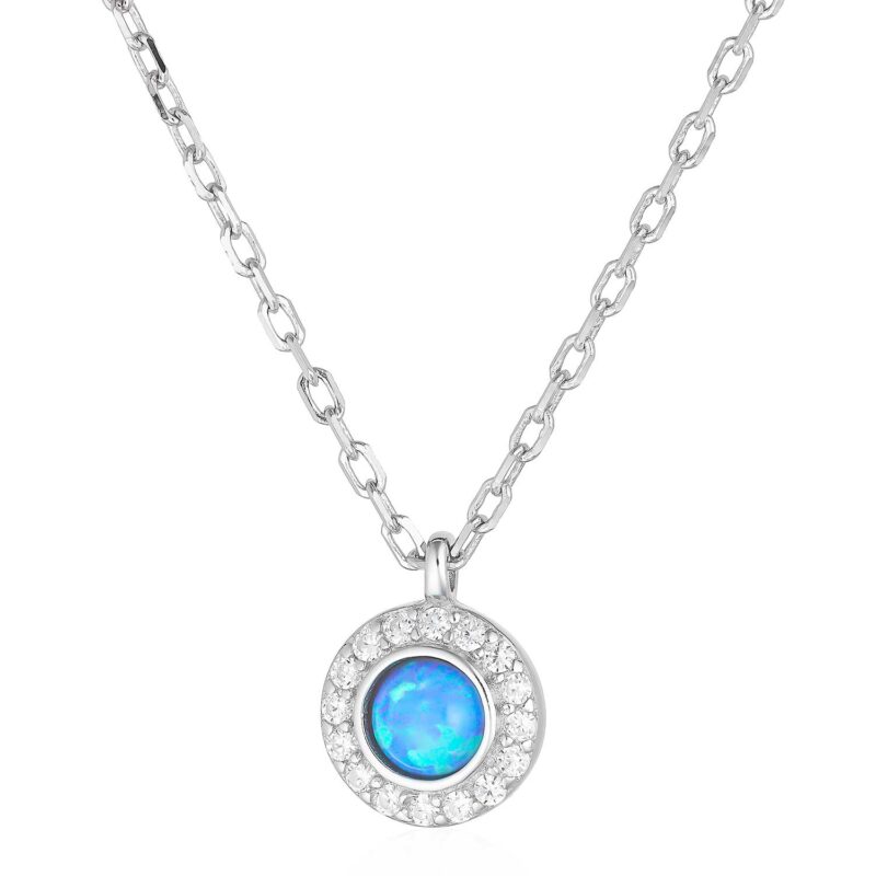 (NP310) Rhodium Plated Sterling Silver Round Opalite Necklace
