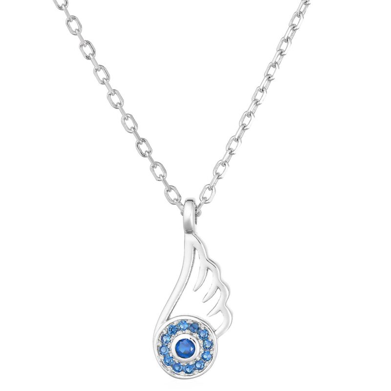 (NP315) Rhodium Plated Sterling Silver Evil Eye Heart Wings CZ Necklace