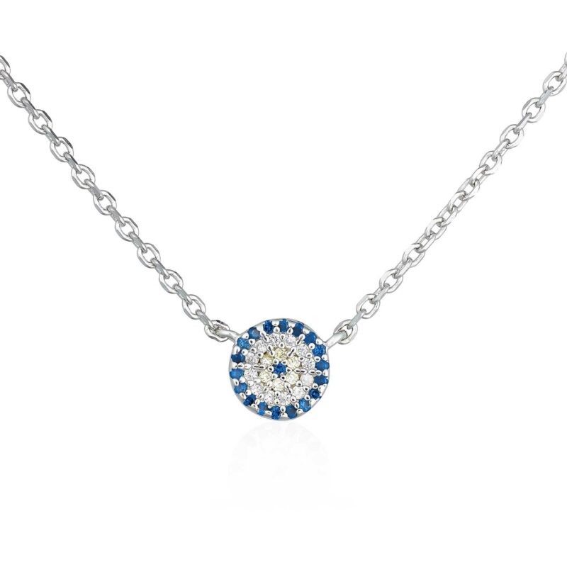 (NP317) Rhodium Plated Sterling Silver 7.5mm Round Blue And Yellow CZ Evil Eye Necklace - 42+3cm