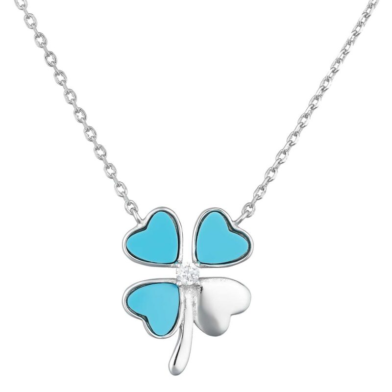 (NP319) Rhodium Plated Sterling Silver Blue Turquoise 4 Leaf Clover Necklace - 42+5cm